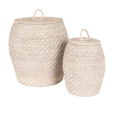 Storied Home Decorative Hand-woven Rattan Storage Baskets With Lids, Whitewashed, Set Of 2 In Neutral