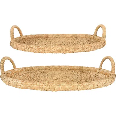 Storied Home Decorative Handwoven Oval Seagrass & Rattan Trays With Handles In Brown