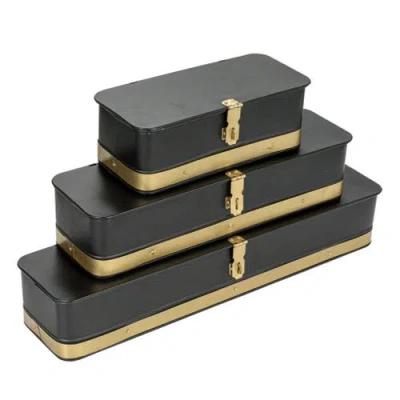Storied Home Decorative Metal Boxes With Lid, Black With Gold Band, Set Of 3