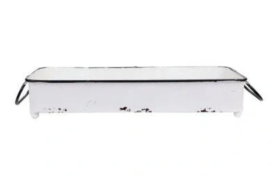 Storied Home Decorative Metal Tray With 2 Handles And Distressed Finish, White And Black