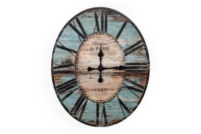 Storied Home Decorative Oval Wood Wall Clock With Distressed Finish, Turquoise In Blue