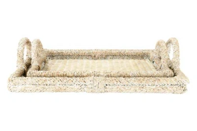 Storied Home Decorative Rattan Trays With Handles & Whitewashed Finish