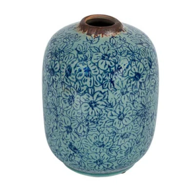 Storied Home Decorative Round Terra-cotta Vase With Floral Pattern With Distressed Finish, Blue