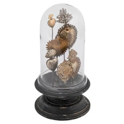 Storied Home Decorative Tin Sacred Hearts On Wood Pedestal With Glass Cloche In Black
