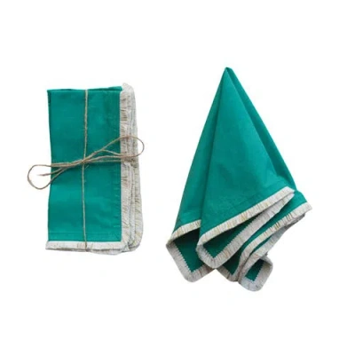 Storied Home Elegant Embroidered Fringe Cotton Napkins In Green