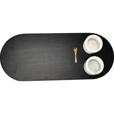 Storied Home Elegant Mango Wood Tray With 2-piece Marble Bowls And A Gold Finish Stainless Steel Spo In Black