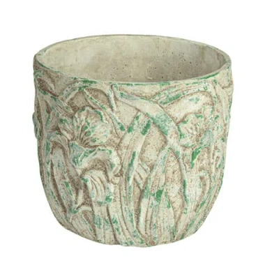 Storied Home Embossed Floral Cement Planter In Green