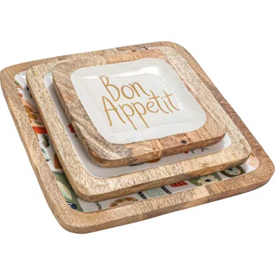 Storied Home Enameled Mango Wood Trays With Kitchenware Pattern, Set Of 3 In White