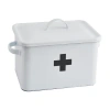 Storied Home Enameled Metal First Aid Box With Lid And Swiss Cross, White And Black In White