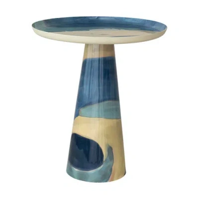 Storied Home Enameled Metal Round Table With Abstract Design In Blue