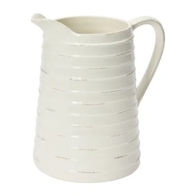 Storied Home Farmhouse Embossed Stripe Ceramic Pitcher, Distressed White