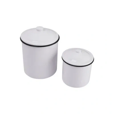 Storied Home Farmhouse Enameled Metal Canisters With Lids, White And Black, Set Of 2 Sizes