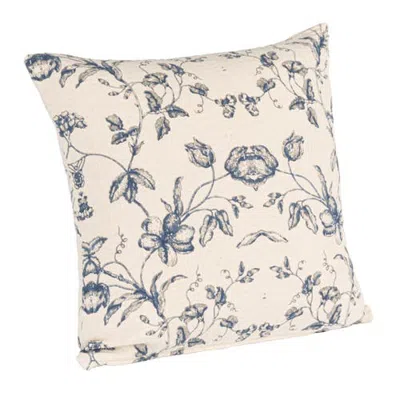 Storied Home Floral Patterned Cotton And Linen Pillow, Blue