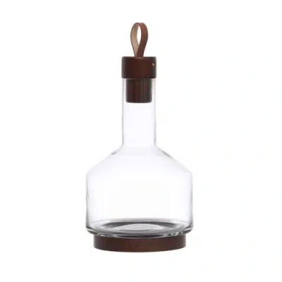 Storied Home Glass Carafe With Acacia Wood Base, Stopper And Leather Pull In Transparent