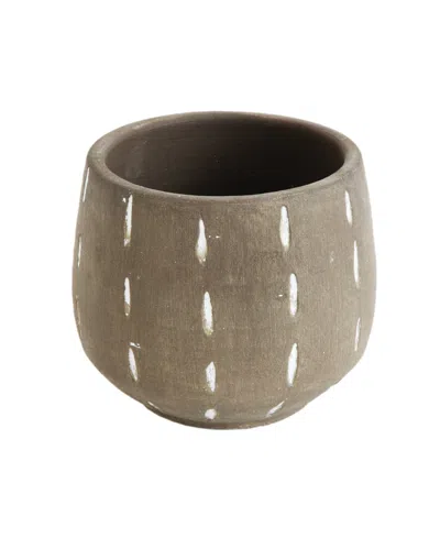 Storied Home Glazed Terracotta Planter With Hand Painted Lines In Beige