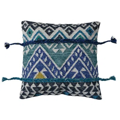 Storied Home Global Wool And Cotton Throw Pillow With Ikat Pattern And Tassels, Multicolor In Blue
