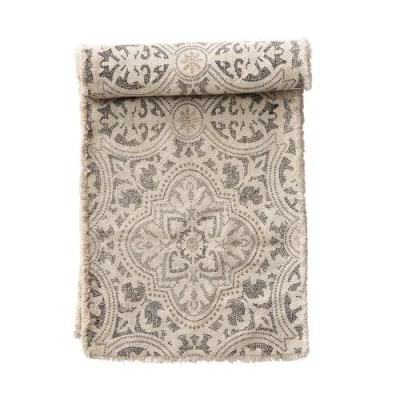 Storied Home Grey And Cream Cotton Printed Table Runner With Frayed Edge In Brown