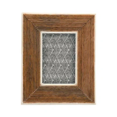 Storied Home Hand-carved Mango Wood Photo Frame With Bone Border & Ribbed Pattern, Natural In Brown