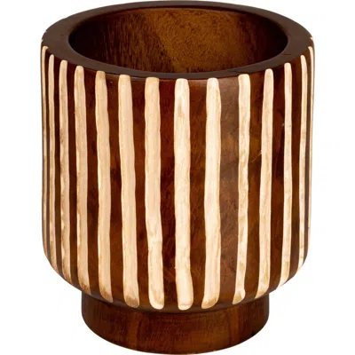 Storied Home Hand-carved Wood Planter With Stripes, Walnut Finish In Brown