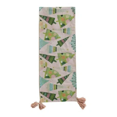 Storied Home Hand-embroidered Cotton Printed Table Runner With Christmas Trees Pattern, Beads, Frenc In Green