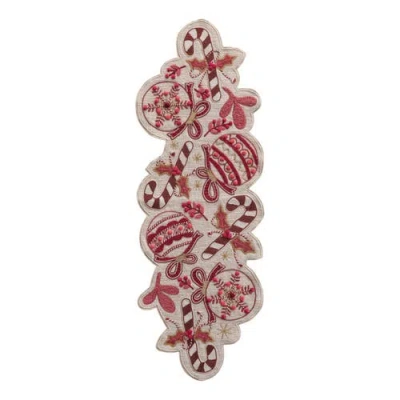 Storied Home Hand-embroidered Slub Printed Table Runner With Applique, Ornaments, Candy Canes, Beads In Pink