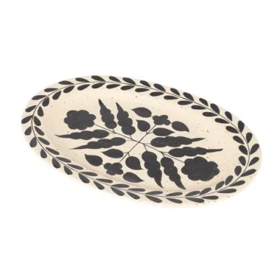 Storied Home Hand Painted Stoneware Platter With Floral Design, Black And White