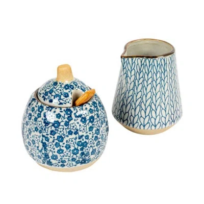 Storied Home Hand-painted Stoneware Sugar & Creamer In Blue