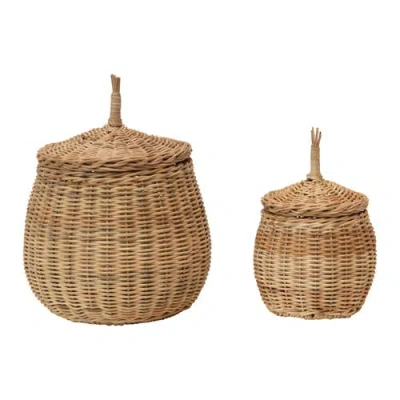 Storied Home Hand-woven Wicker Basket Storage With Lids, Natural, Set Of 2 In Brown