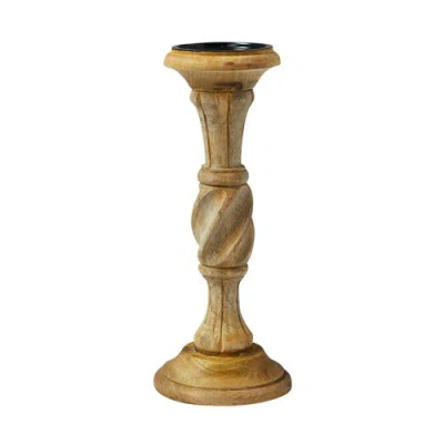Storied Home Handcarved Wood Pillar Candle Holder In Gold