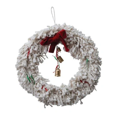 Storied Home Handmade Cotton Blend Yarn Wreath With Red Bow, Red And Green Ribbons And Metal Bells,  In Multi