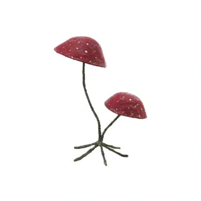 Storied Home Handmade Paper Mache And Metal Mushrooms With Dots On Footed Stand, Red, Green And Gold