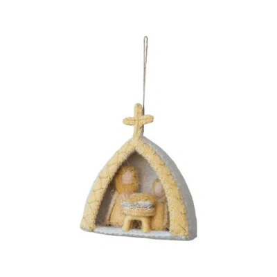 Storied Home Handmade Wool Felt Holy Family Ornament With Metallic Thread Embroidery, Tan And White In Yellow