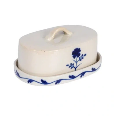 Storied Home Hand-painted Stoneware Butter Dish With Flower, Blue And White In Neutral