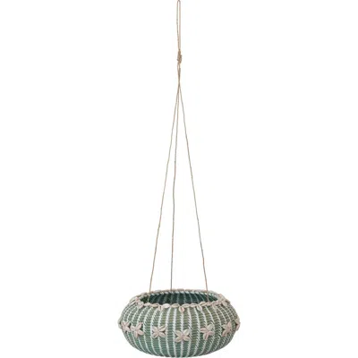 Storied Home Hanging Handwoven Rattan Planter With Shells And Jute Hanger In Blue