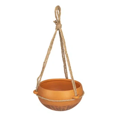 Storied Home Hanging Stoneware Planter With Cotton Hanger In Brown