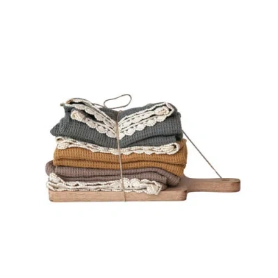 Storied Home Kitchen Cotton Tea Towels On A Mango Wood Board, Multicolor, Set Of 3