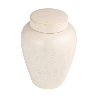 Storied Home Large Decorative Debossed Stoneware Ginger Jar With Pattern, Lid And Reactive Glaze, Wh In Neutral