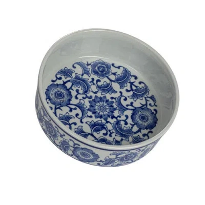 Storied Home Large Stoneware Pet Bowl With Design, Blue And White
