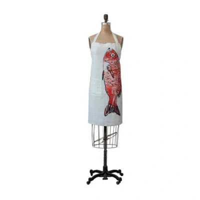 Storied Home Linen Apron With Pocket And Fish Design In Multi