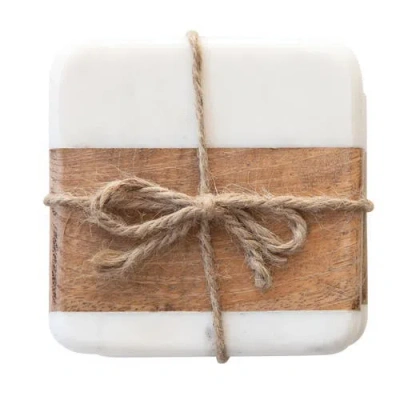 Storied Home Marble & Acacia Wood Coasters, White & Natural, Set Of 4 In Brown