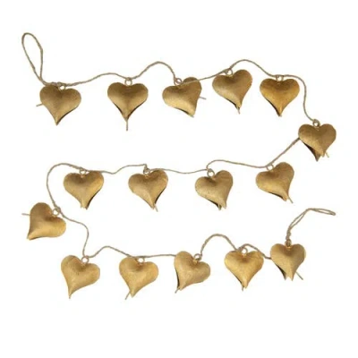 Storied Home Metal Heart Shaped Bell Garland With Jute Cord, Gold Finish