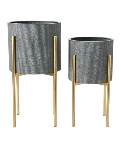 Storied Home Modern Boho Embossed Metal Planters With Stands In Gray