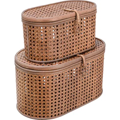 Storied Home Modern Decorative Oval Woven Rattan Storage Boxes, Set Of 2 Sizes, Dark Brown Finish