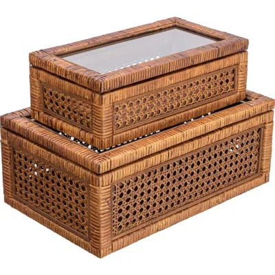 Storied Home Modern Decorative Rectangle Woven Rattan And Wood Display Boxes With Glass Top In Brown