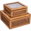 Storied Home Modern Decorative Square Woven Rattan And Wood Display Boxes With Glass Top, Set Of 2 S In Brown