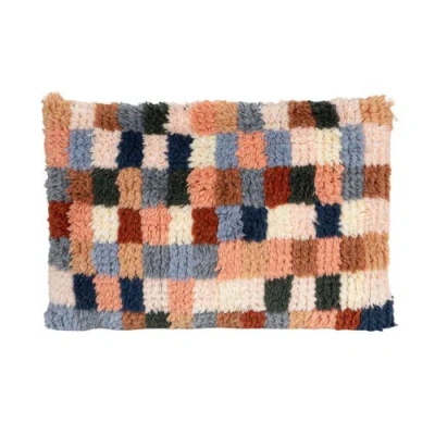 Storied Home New Zealand Wool Tufted Checkered Lumbar Pillow With Cotton Back, Multicolor