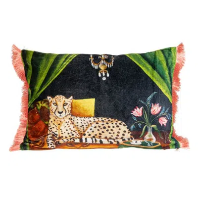Storied Home Cotton Blend Velvet Printed Lumbar Pillow With Cheetah Image And Eyelash Fringe, Multi