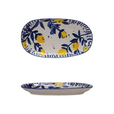 Storied Home Hand-painted Stoneware Platter With Lemons, White, Blue And Yellow