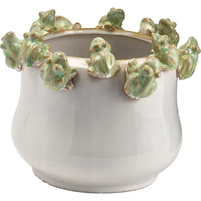 Storied Home Planter With Frog Figurine Rim In Green