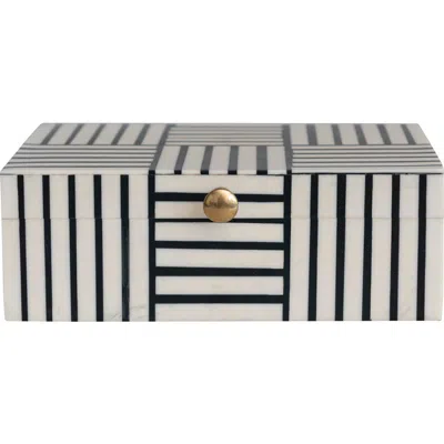 Storied Home Plastic Storage Box With Striped Block Pattern And Gold Knob, Black And White